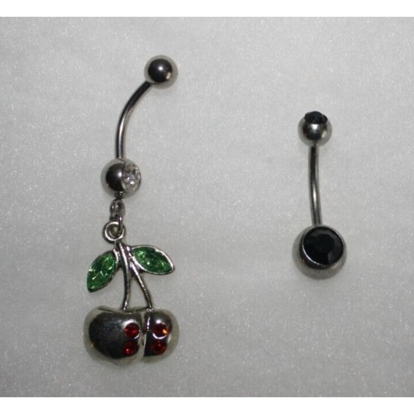 Cherries & Black Rhinestone Dangle Belly Rings 14 Gauge Stainless Steel NIP - Picture 1 of 3